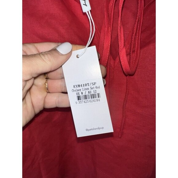 Petal & Pup Chelsea Linen Top Red Crop  Tie Back Puff Sleeves Size 8 NWTS 1D - Picture 3 of 7
